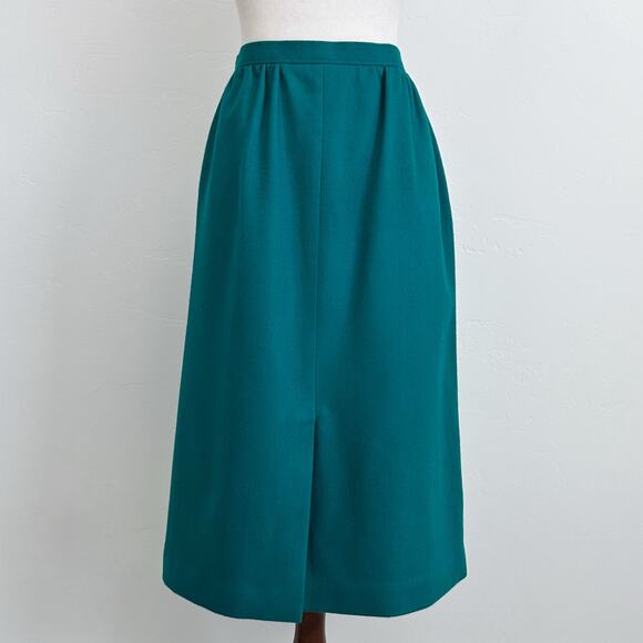 Vintage Teal Wool Front Slit A-Line Midi Skirt - Picture 1 of 12